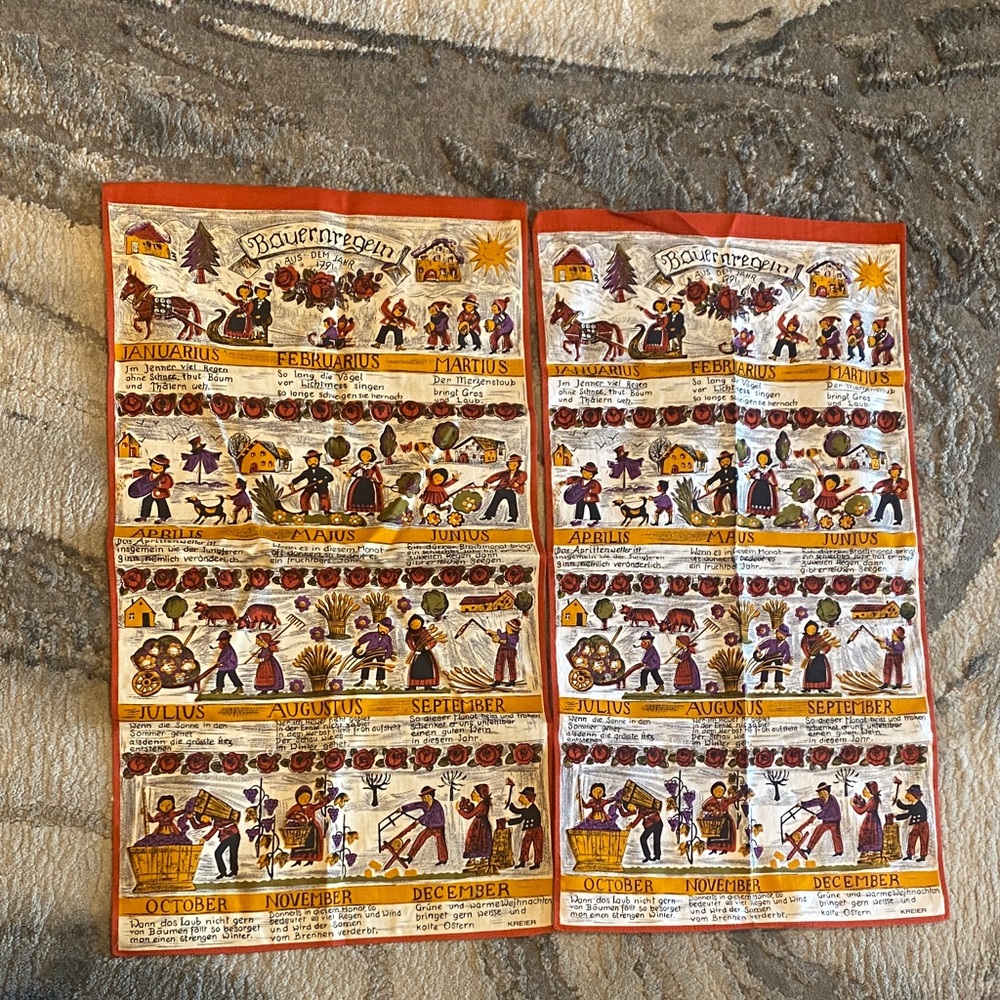 Vtg Set of 2 KREIER German Linen Tea Towels - Bauernregeln Folk Art Calendar